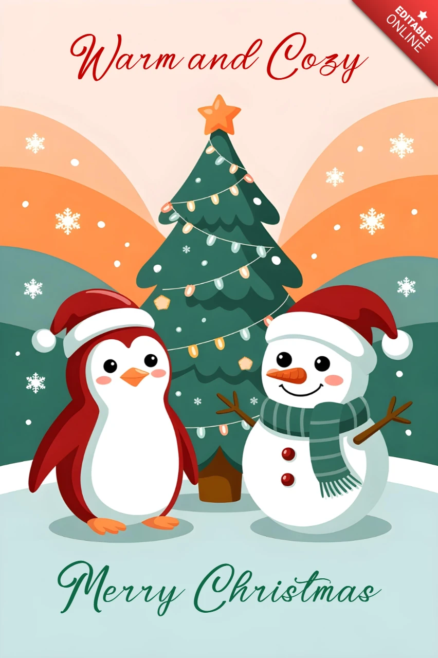 Cartão de Natal com saudação, pinguim fofo e boneco de neve com árvore de Natal e flocos de neve em uma cena festiva aconchegante.