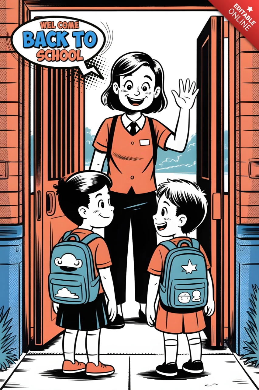 Retour à l'école, enseignant saluant les élèves à l'entrée de l'école avec des murs en briques et un design de poster en arrière-plan pittoresque.