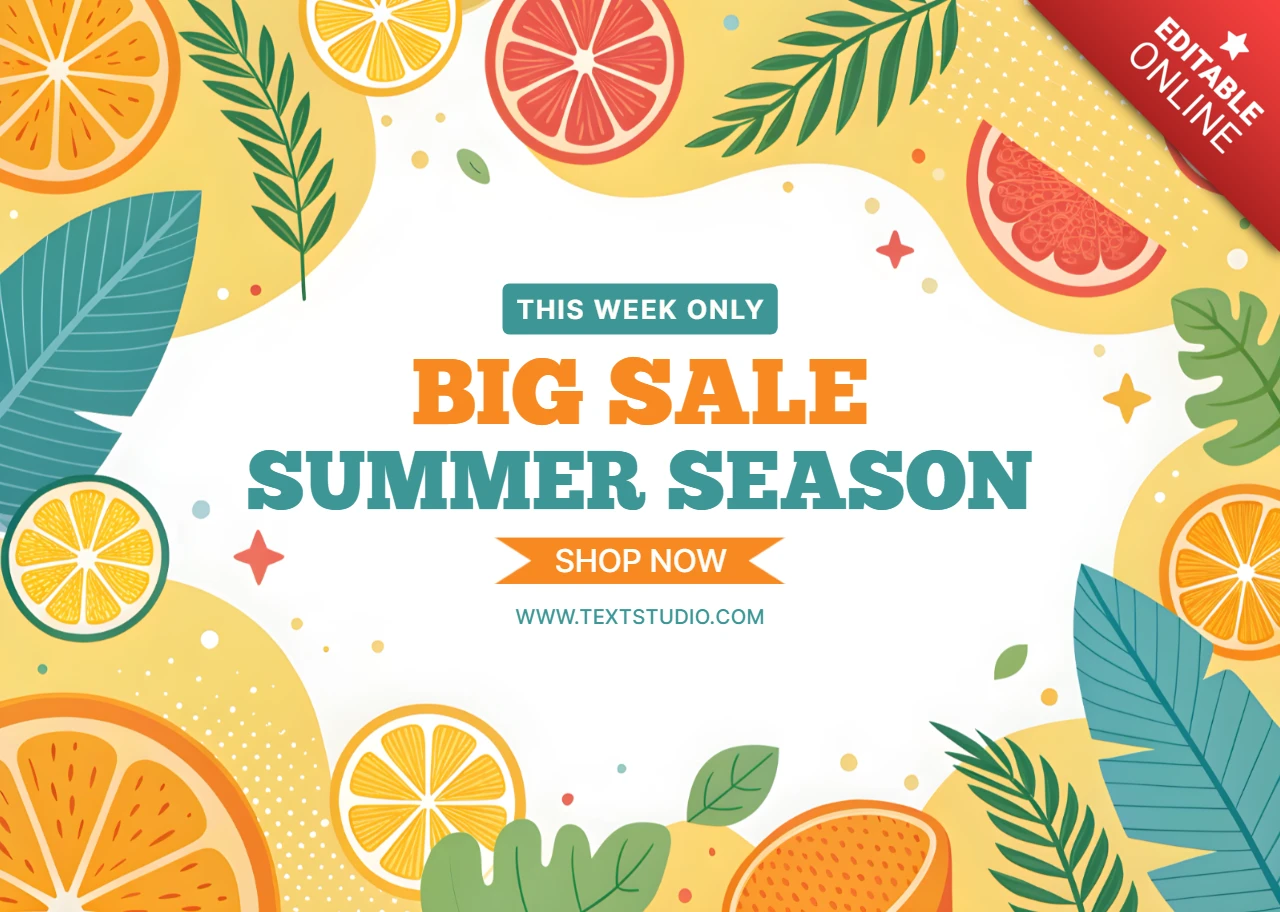 Vibrant Summer Sale Design Template with Citrus Fruits and Tropical Leaves