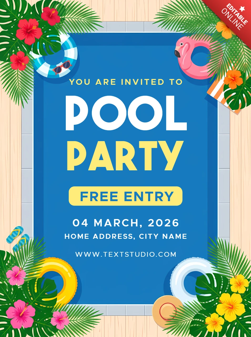 Convite para festa na piscina tropical com boias flutuantes e decorações florais