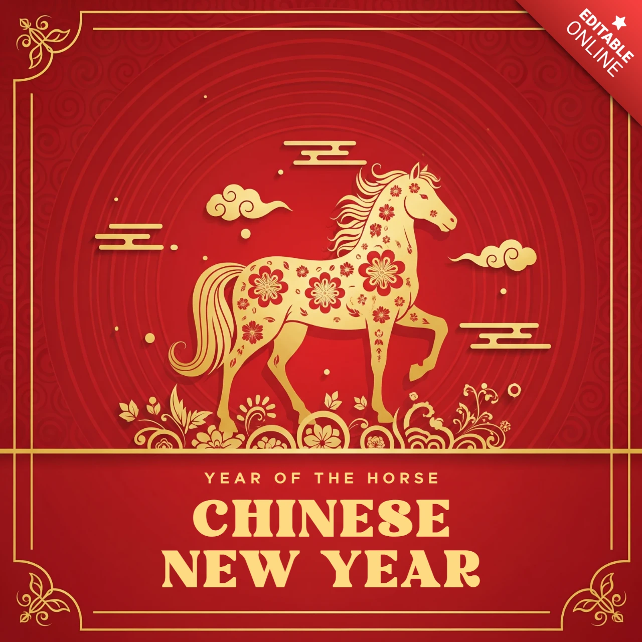 Design elegante em vermelho e dourado com motivos de cavalo do zodíaco e nuvens, pôster do ano novo chinês do ano do cavalo 2026.