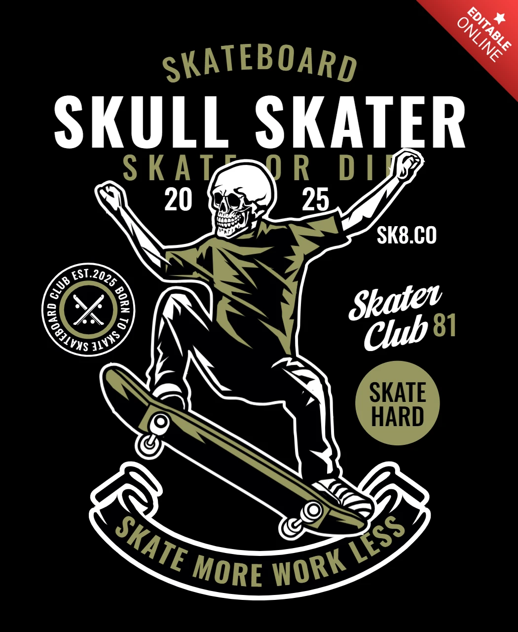 Plantilla de diseño de camiseta vintage del club de skate con calavera de patineta