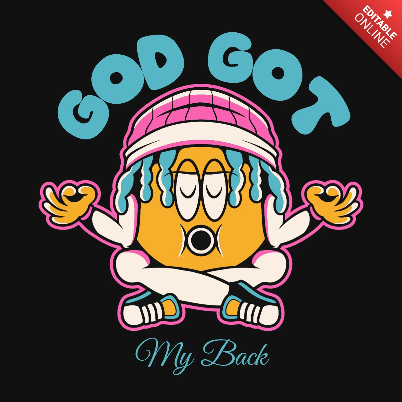 Template de design de cartoon colorido para merch apresentando personagem relaxado com citação motivacional.