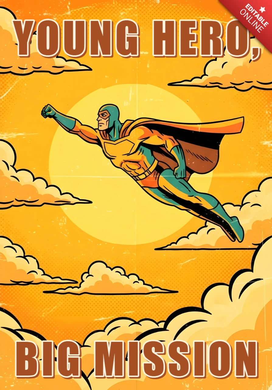 Joven héroe, gran misión volando superhéroe con diseño de cartel de cielo naranja y sol.