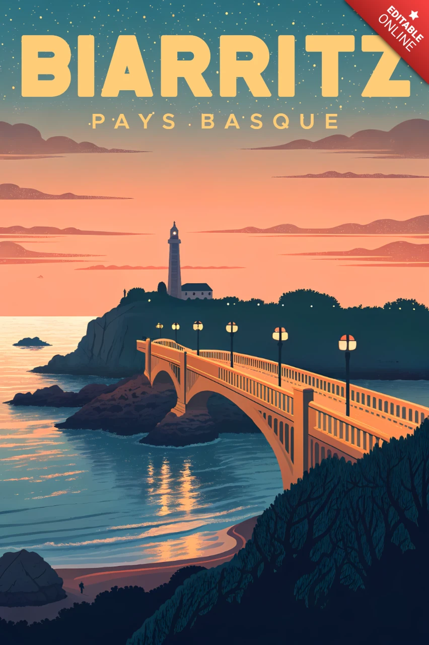 Vintage Biarritz Landschaftsdesign-Vorlage für Retro-Flugreiseplakate