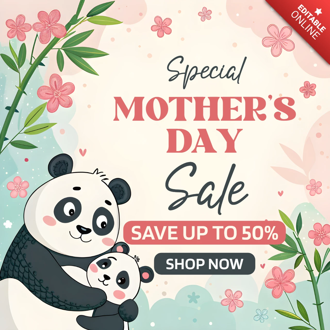 Whimsical Mother's Day Sale Template Design with Pandas and Floral Elements