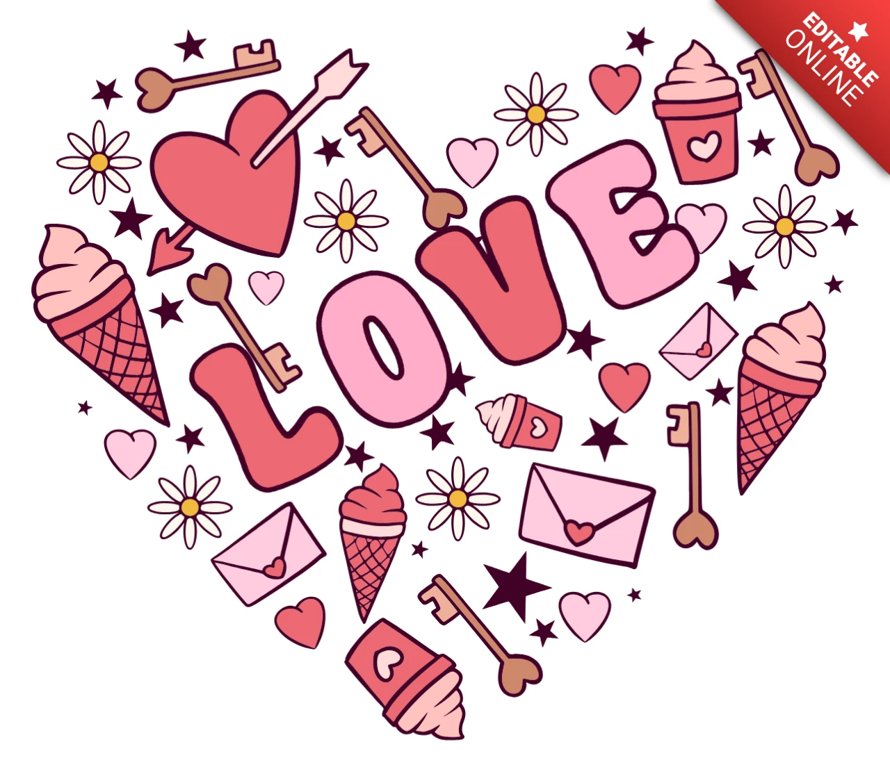 Love Themed Editable Template Design for Greeting Cards with Ice Cream and Hearts