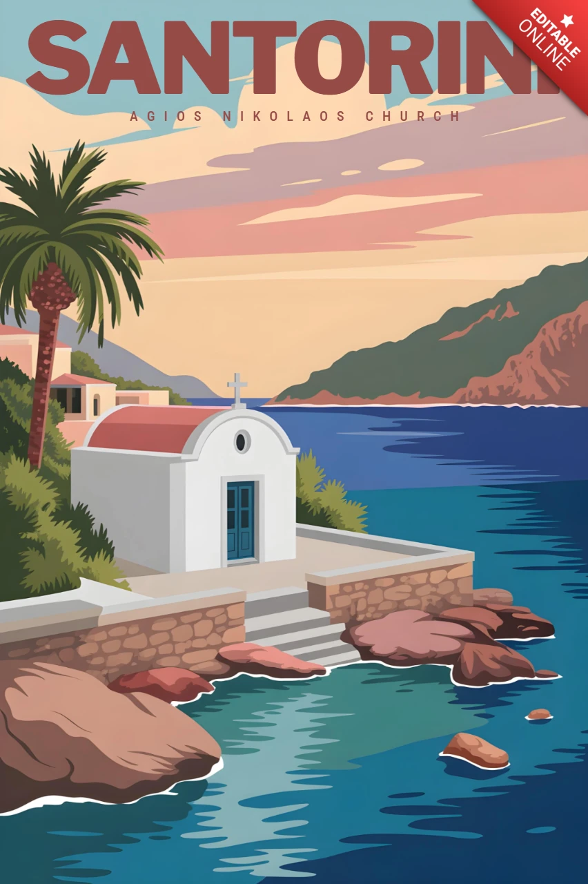 Agios Nikolaos Kirche mit Sonnenuntergangshimmel und Küstenansicht Santorini Reiseposter-Designvorlage