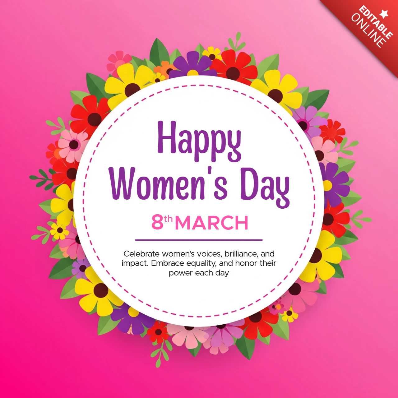 Internationale vrouwendag posterontwerpsjabloon met bloemenkrans, roze gradient achtergrond en inspirerende quote