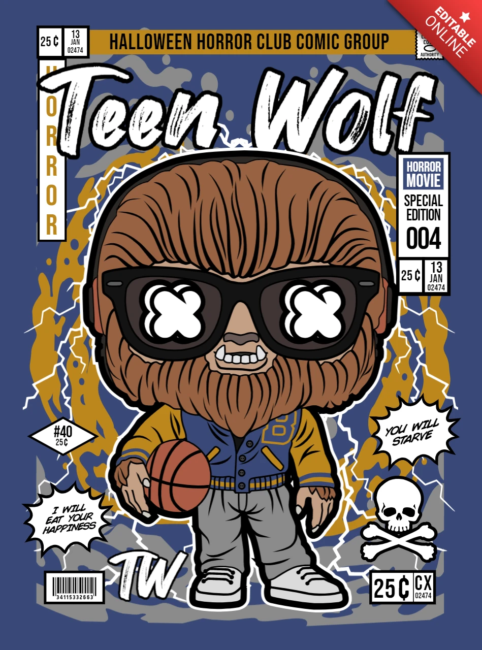 Teen wolf personaje de dibujos animados plantilla de diseño de portada de revista