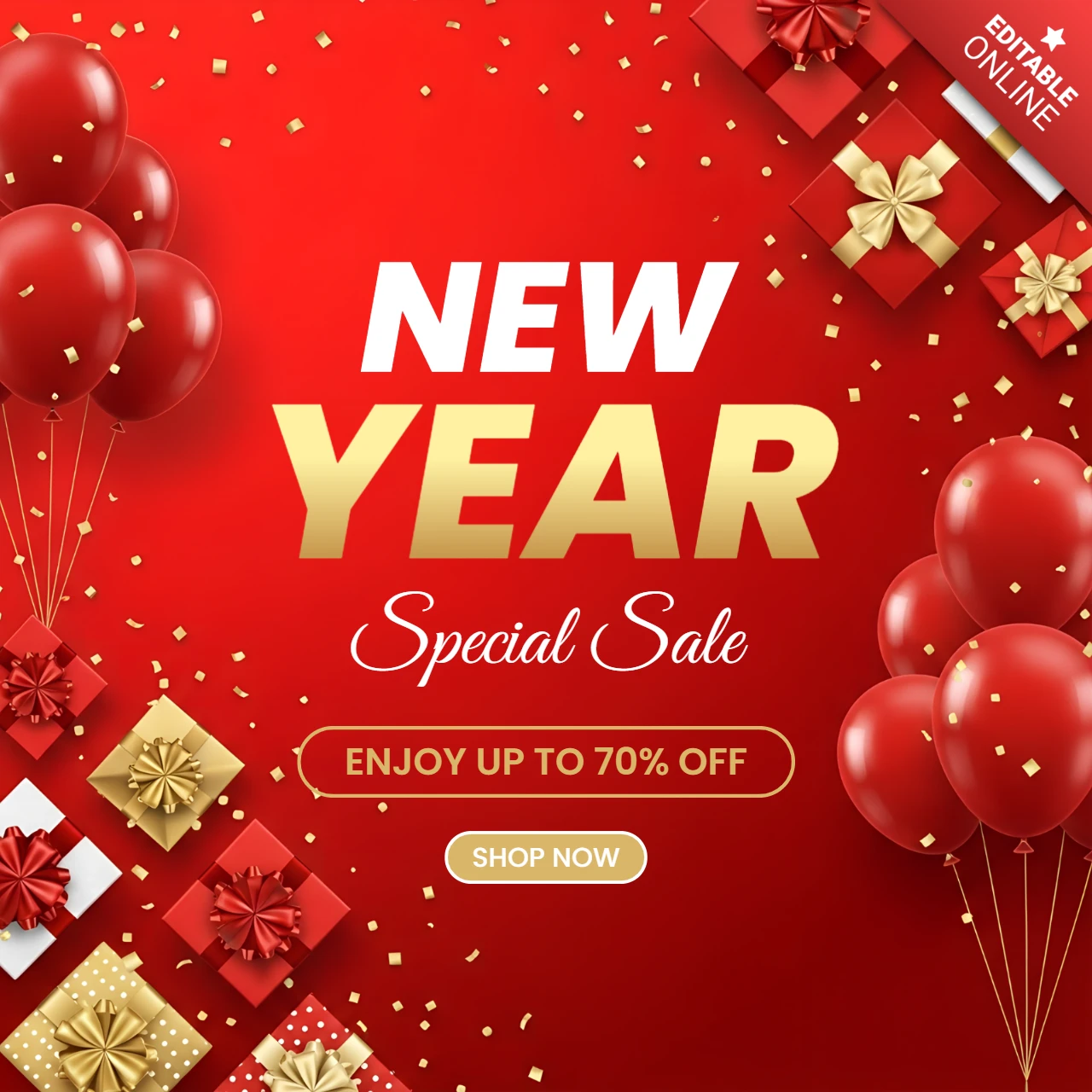New Year Sale Design Template with Balloons and Gift Boxes for Promotional Flyers
