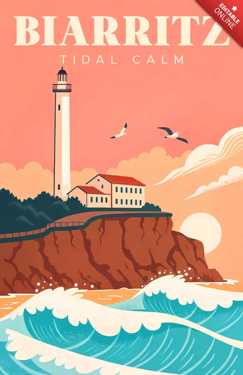Modelo de design costeiro vintage para pôster com farol e ondas