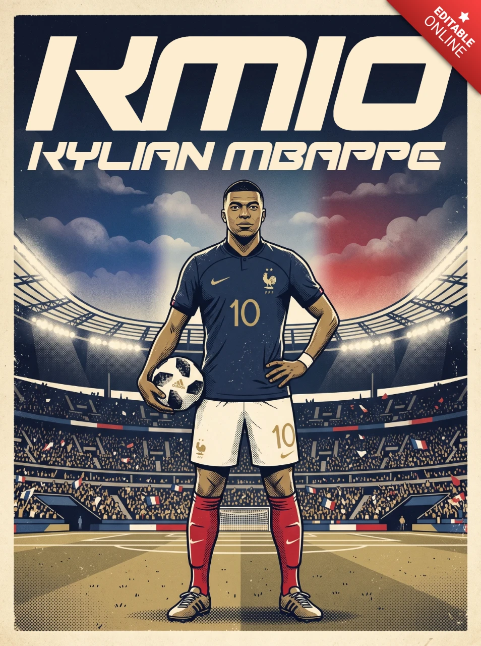 Equipo nacional de Francia kylian mbappe km10 vintage retro fútbol campeón número 10 estadio aficionados orgullo diseño de póster 2026