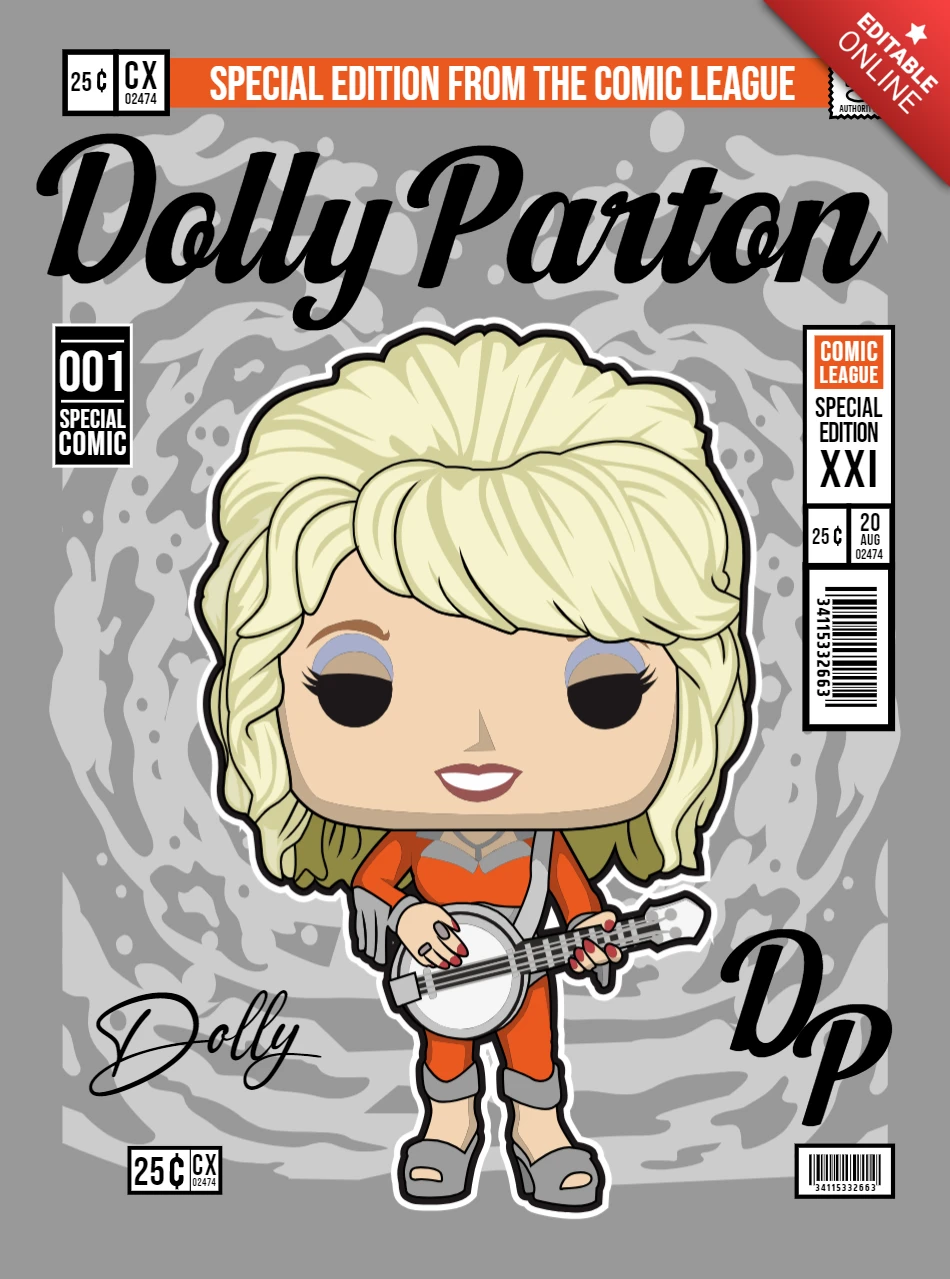 Dolly parton personaje de dibujos animados plantilla de diseño de portada de revista