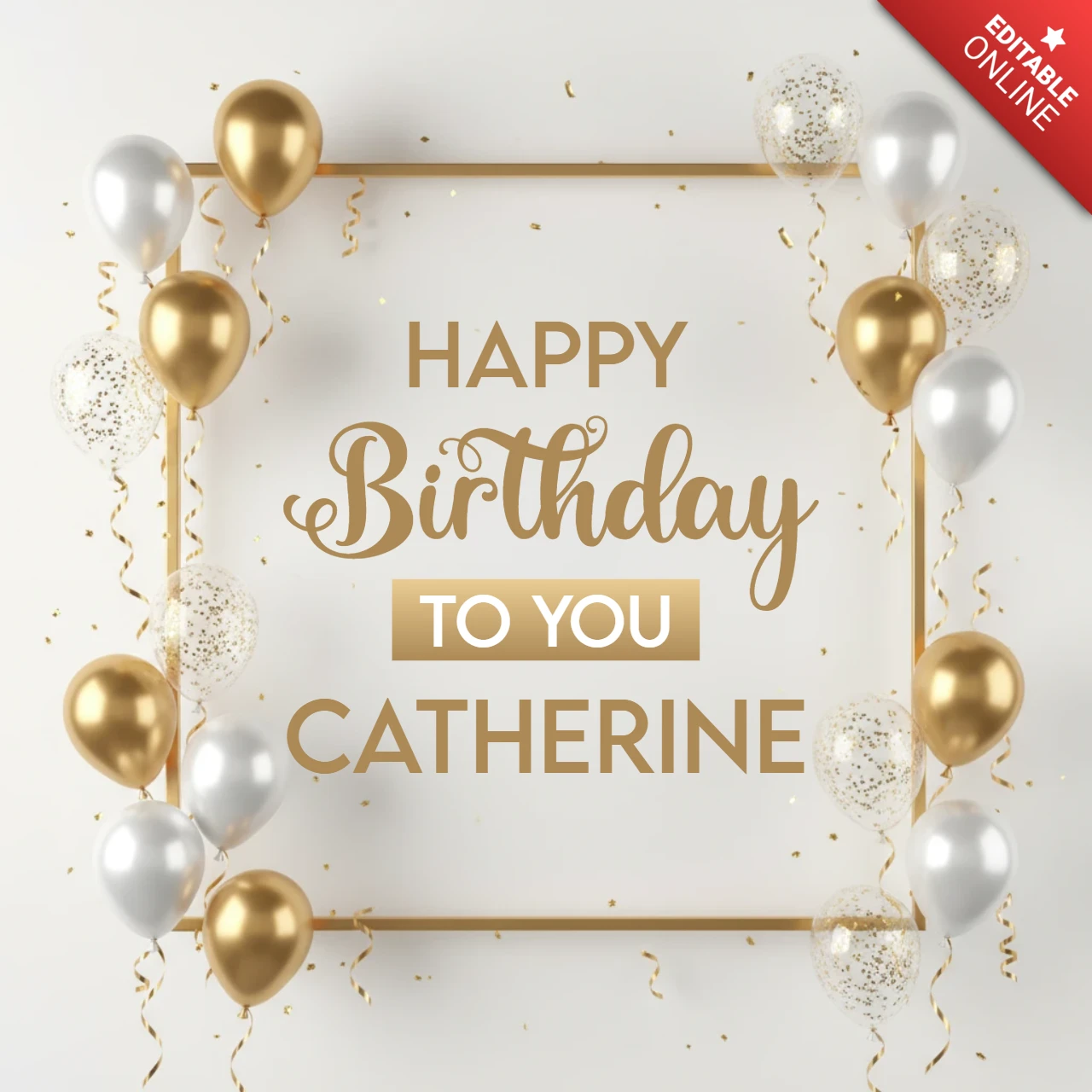 Cartaz de celebração de aniversário com moldura dourada, balões, confete e design elegante em caligrafia para aniversário.