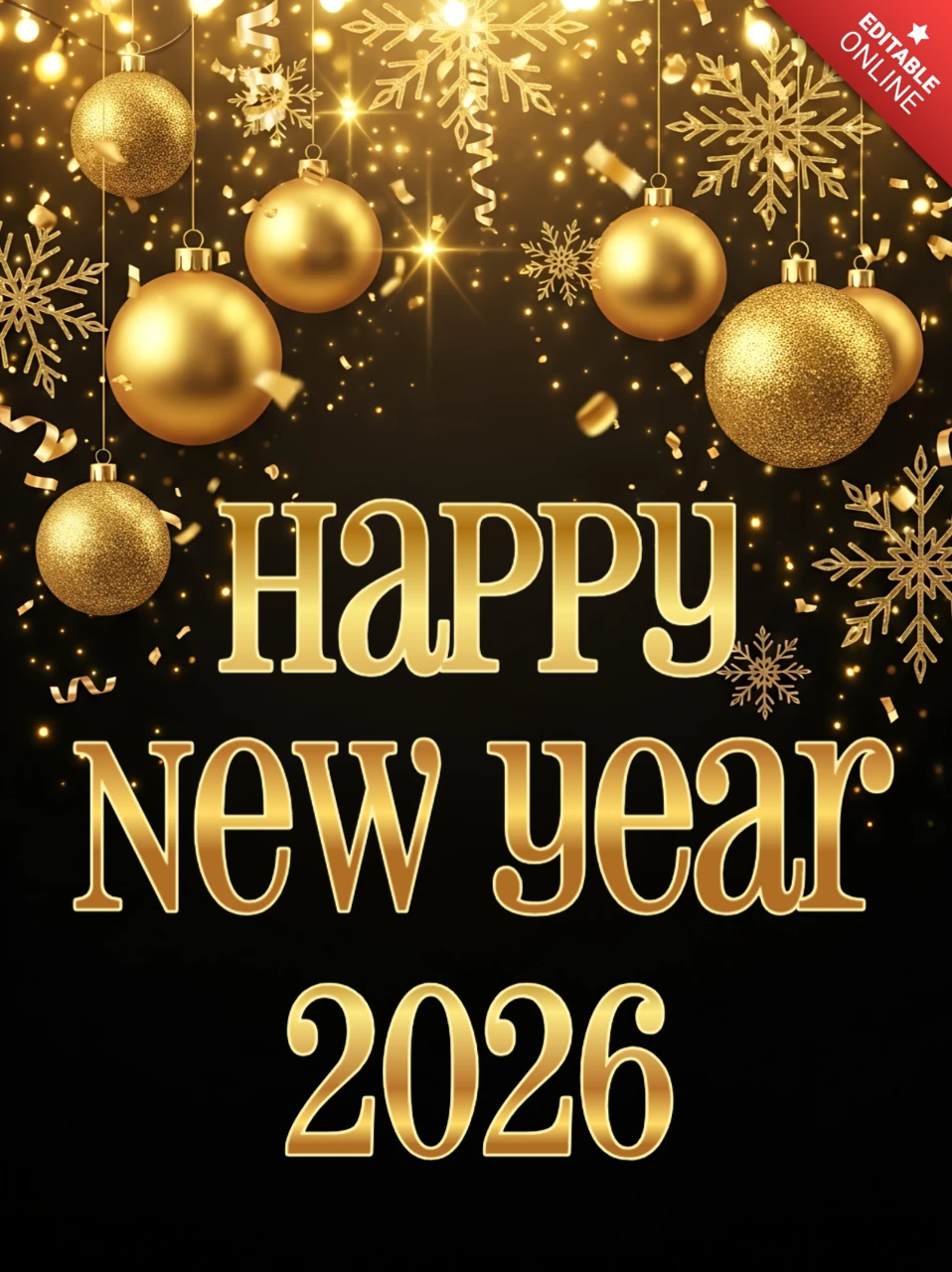 Elegancki szablon kartki powitalnej na Nowy Rok 2026 z złotymi ornamentami.