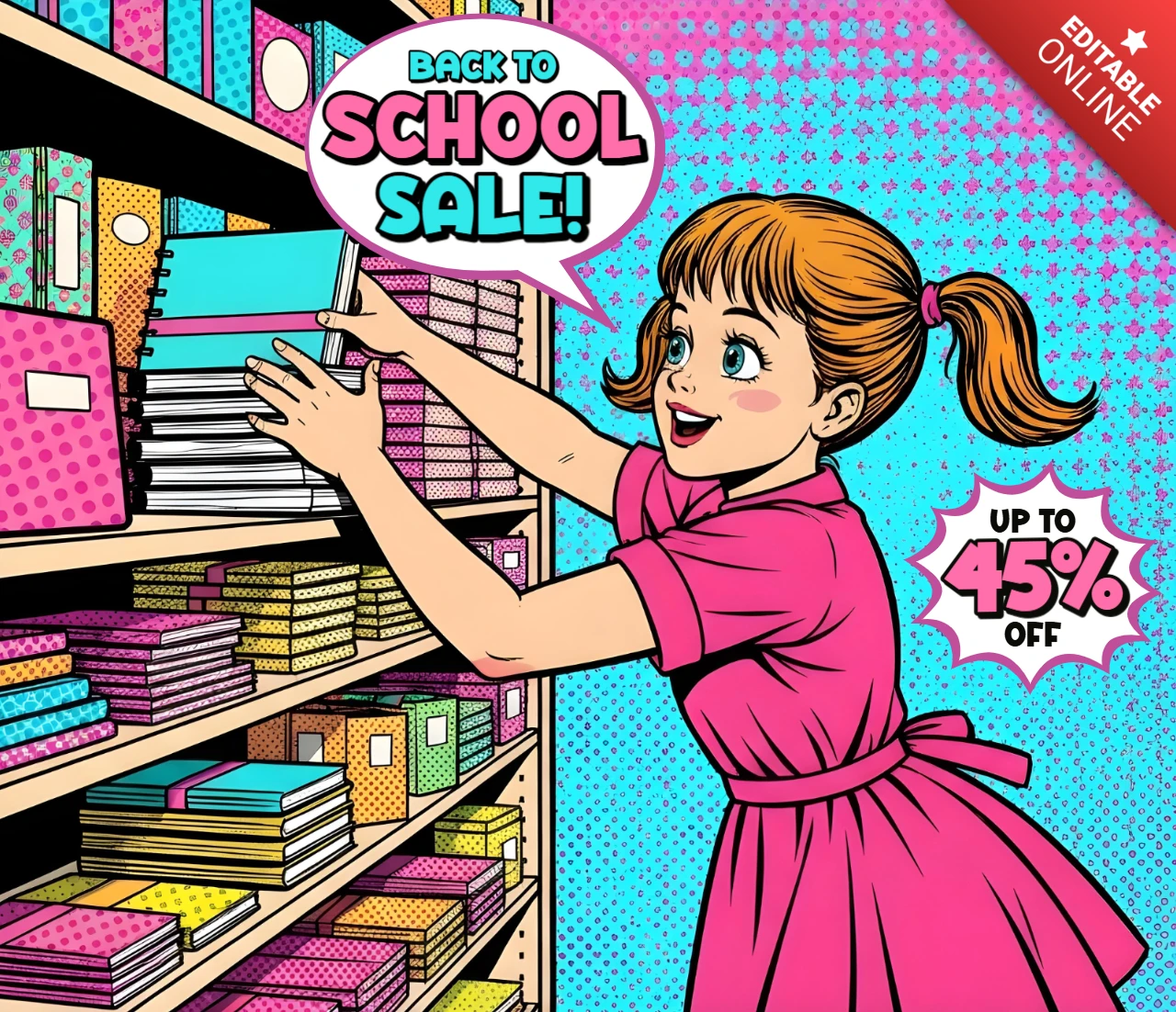 School Shelf Moments Comic Style with Smiling Girl & Back to School Sale Banner Design Template for Promotional Flyers