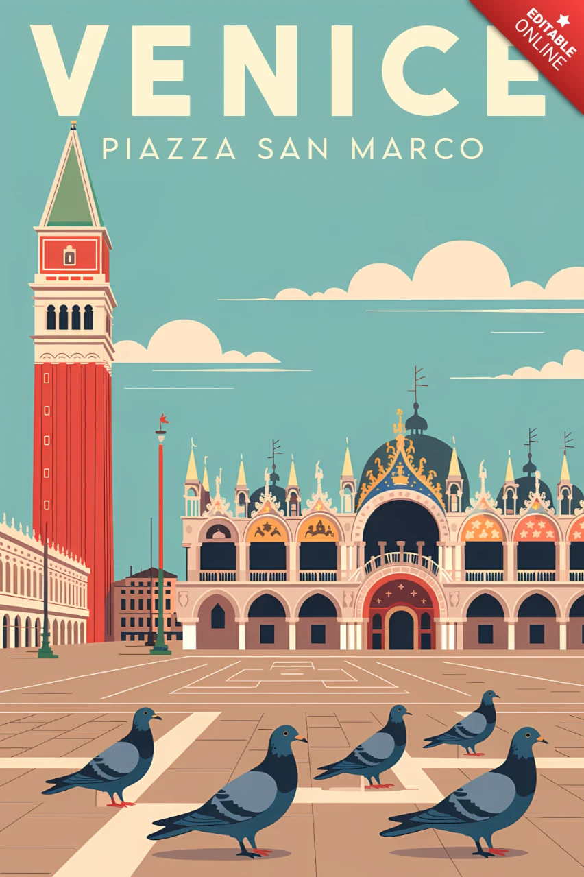Template de design retrô da piazza San Marco em Veneza para pôsteres de viagem.