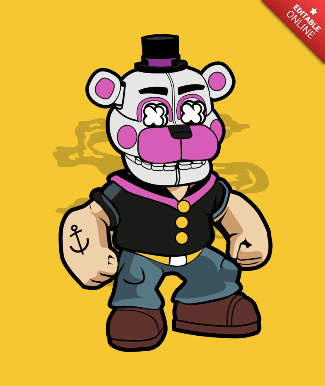 Modelo de design de camiseta de cultura pop com caricatura cômica do Popeye five nights at freddy's
