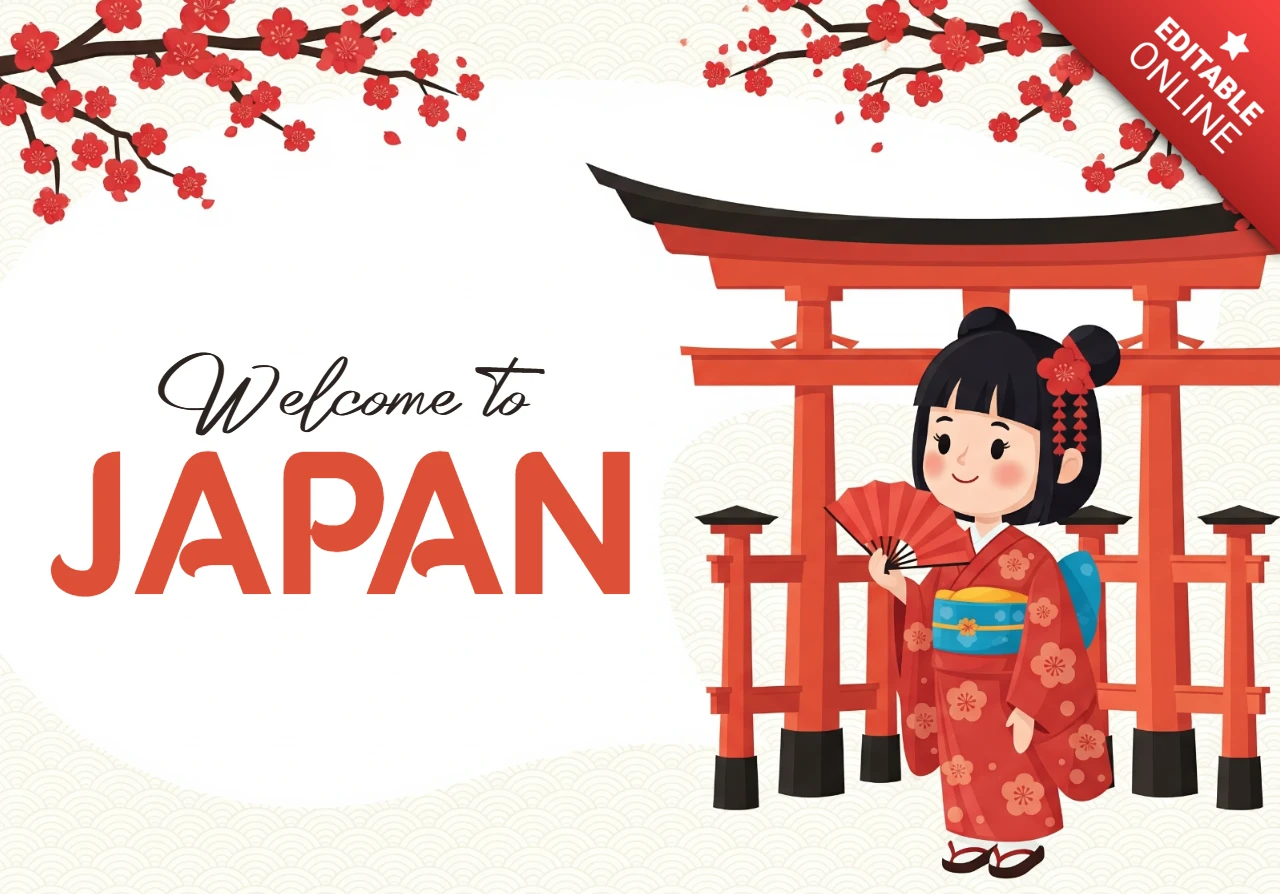 Japanische Kultur Poster rotes und schwarzes Torii-Tor mit Kimono-Mädchen und Sakura-Zweigen